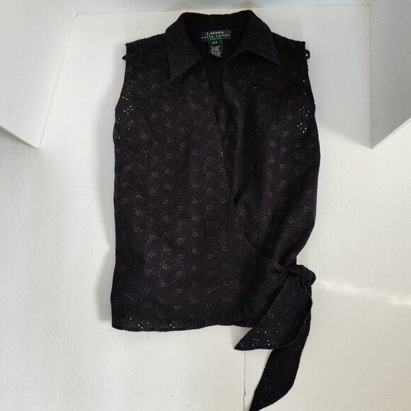 Ladies Petite SZ PS Lauren Ralph Lauren Black Eyelet Sleeveless Top - Picture 1 of 4